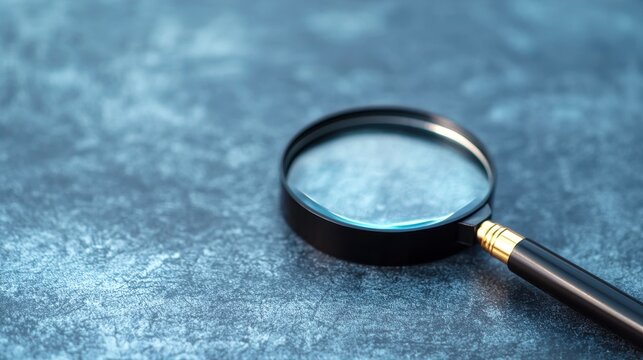 Magnifying glass lying on textured blue surface with shallow depth of field.