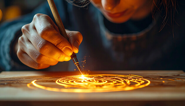 Extreme Close Up of Hand Holding Wood Burning Pen Creating Radiant Circular Patterns on Wooden Board with Smoke and Bright Embers