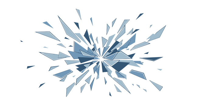 Abstract blue shattered glass shards exploding on white background