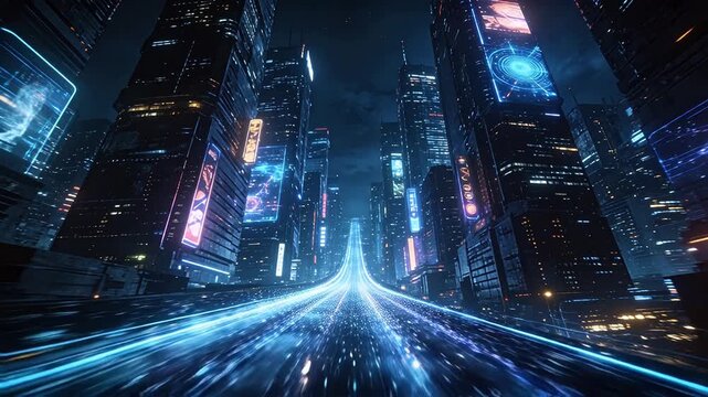 Futuristic city skyline with neon lights and cyberpunk architecture