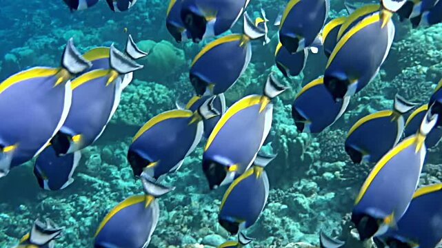 Watch as school of palette surgeonfish glides gracefully through clear, blue waters. Their vibrant colors and smooth movements bring lively coral reef to life, showcasing nature's beauty.