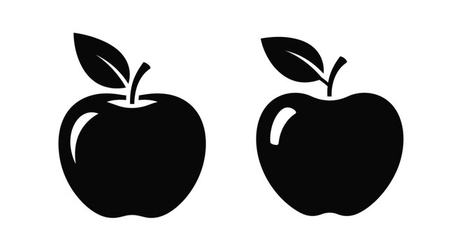Two black silhouettes of apples with stems and leaves displayed