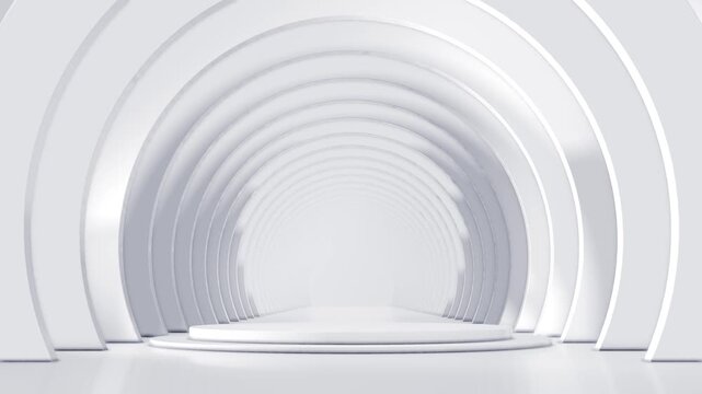 Futuristic luxury White Minimalist Tunnel Product Podium corridor of concentric arches leading circular stage. 3D 4Kfor high-end product showcases, tech product launches, or clean minimalist backdrops