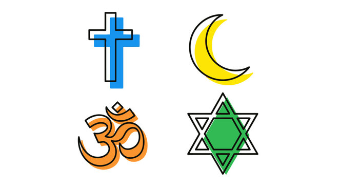 Colorful world religion icons in minimalist line art style