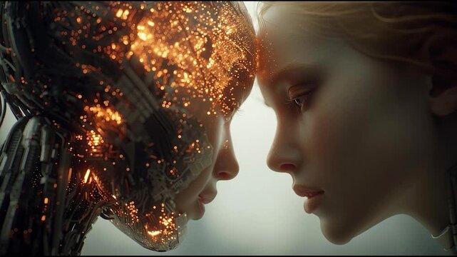 Futuristic human and AI robot face-to-face with glowing neural patterns, concept of human machine connection and advanced artificial intelligence interaction