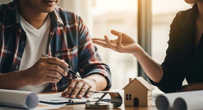 Couple finalizing home purchase documents with realtor