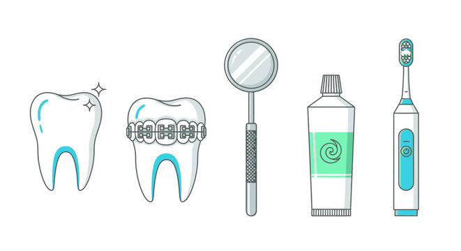 Dental icons featuring teeth braces toothpaste and electric toothbrush