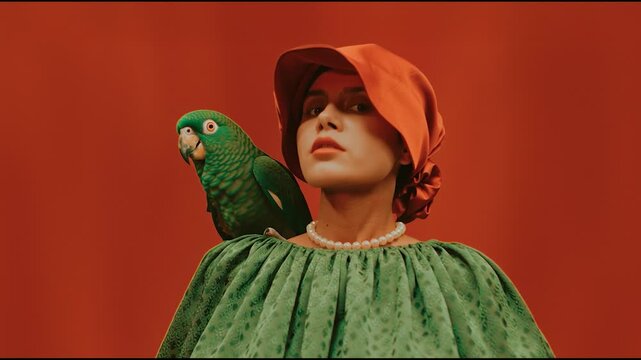 Stylish woman with green parrot perched on shoulder against bold orange background, creative fashion portrait with vibrant color contrast and exotic theme