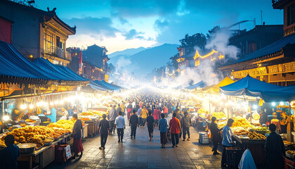 Obraz premium Close Up View of Traditional Food Stalls at Night Market with Warm Golden Glow and Steam in Atmospheric Street