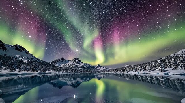 Vibrant aurora borealis winter night illustration
