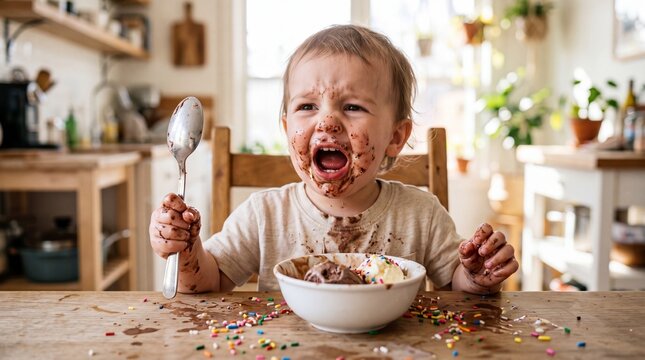 Messy toddler with chocolate face experiencing brain freeze while eating ice cream