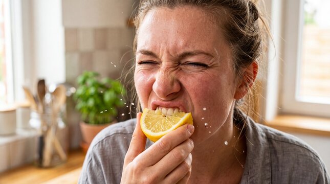 Young woman making a funny sour face while biting into a fresh lemon in kitchen