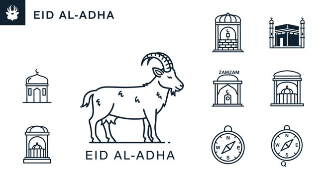 Eid Al Adha line art icons with goat and Kaaba