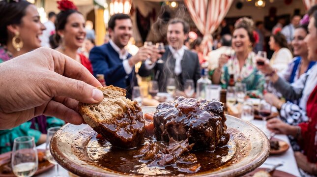 Dipping bread into rich braised oxtail gravy at a festive Spanish fair.