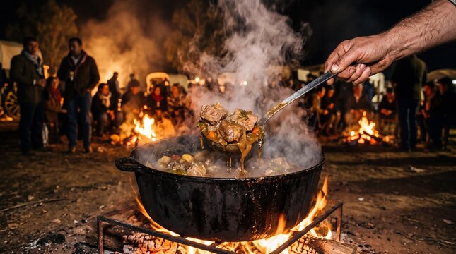 Serving steaming lamb stew from an iron pot over a night campfire gathering.