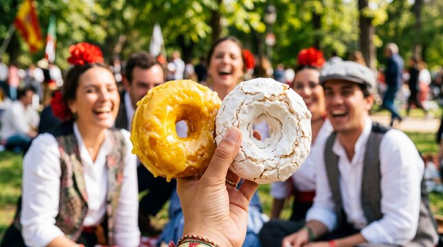 Hand holding sweet Spanish rosquillas at a festive outdoor park picnic