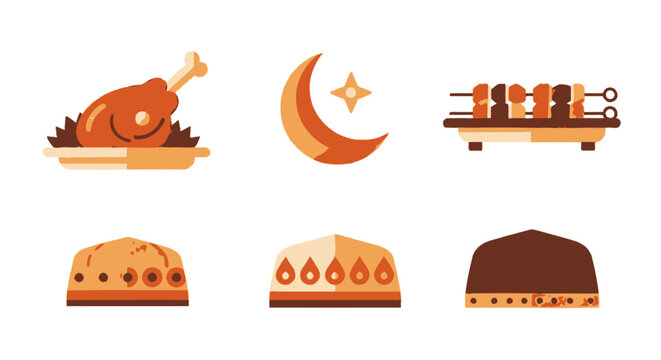 Flat Islamic culture and food icon set for Ramadan