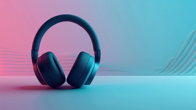 Futuristic headphones with customizable audio. Vibrant wavelengths on abstract background. Next-gen wearable technology designed to elevate music experience with innovative features and modern design.