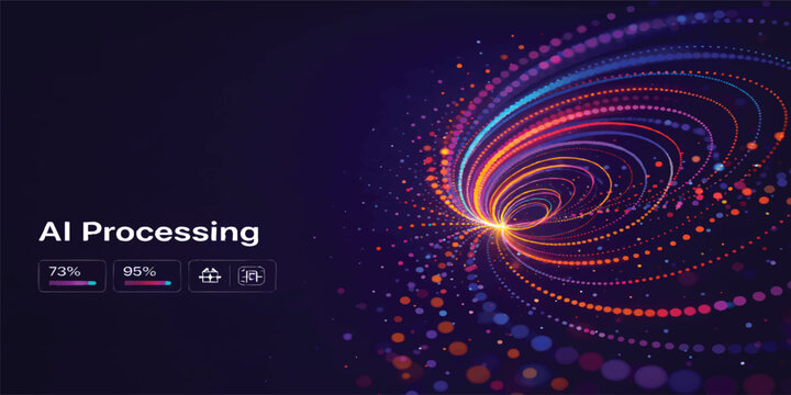 AI Processing Data Flow Visualization with Glowing Particle Spiral, Futuristic Big Data Analytics Technology Background, Neon Abstract Digital Network, Large Copy Space