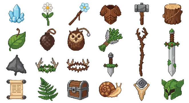 A collection of nature-themed fantasy RPG pixel art icons featuring equipment, magical artifacts, and organic materials on a white background.