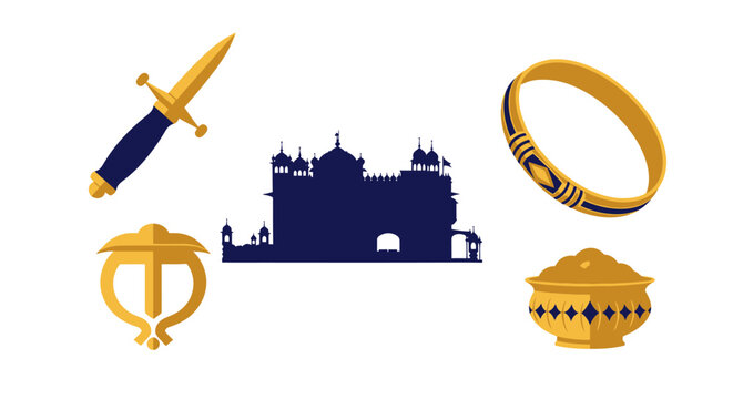 Golden Temple silhouette with Sikh religious symbols on white background