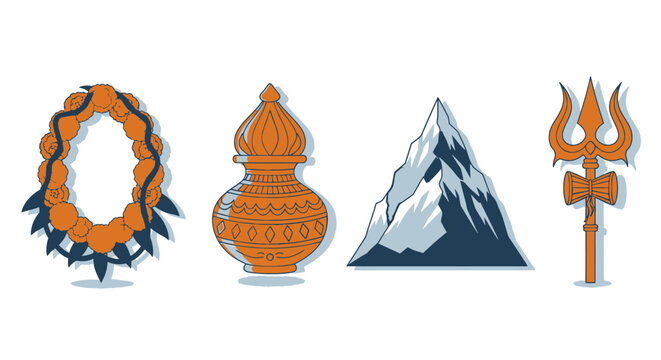 Hindu religious icons featuring garland kalash mountain and trident