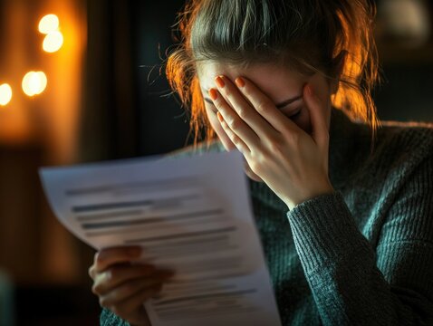 A woman covering face while reading declined mortgage refinance letter. Homeowner financial stress. Economic crisis and rising interest rates. Financial hardship when banks reject loan applications.