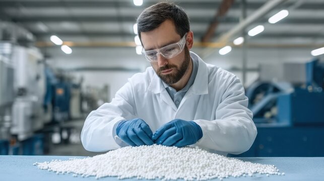 Male Scientist in Lab Coat Analyzing Plastic Pellets with Precision in Modern Laboratory Environment