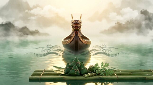 Traditional Boat and Bamboo Raft with Food Cargo
