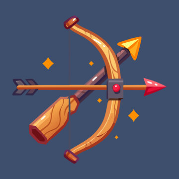 Simple wooden archer bow with brown arrow for basic combat training and forest adventure quests in casual mobile fantasy role playing game assets