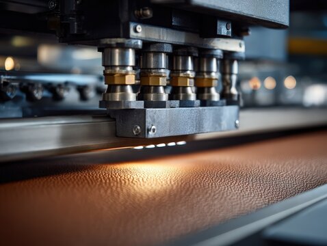 Factory operator feeding finished leather into automated embossing machine pressing fine pebble grain texture pattern, industrial manufacturing process for surface refinement and quality enhancement.