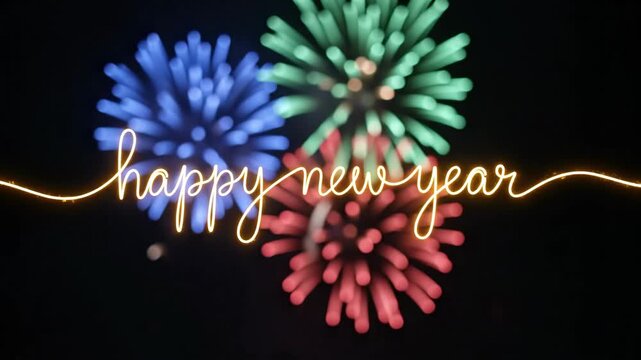 Happy New Year Gold Script Text Over Colorful Defocused Fireworks Display