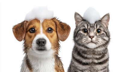 Fototapeta premium Adorable dog and cat sharing a playful moment with sudsy bubbles on their heads, showcasing the joy of domestic pet grooming in a lighthearted scene