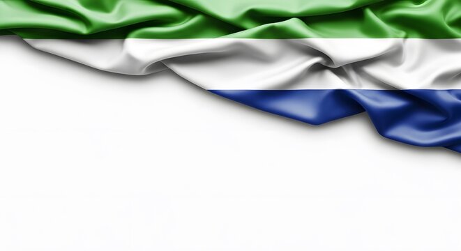 A vibrant national flag of Sierra Leone, featuring green, white, and blue horizontal stripes, elegantly draped and wavy on a clean white background.