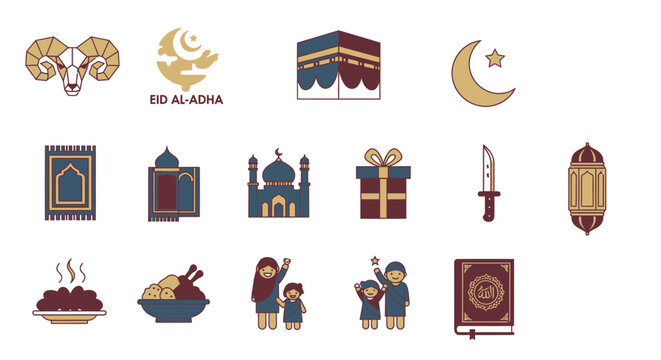 Islamic Eid al Adha flat icons set on white background