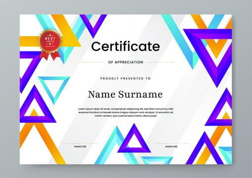 Stylish award certificate featuring floating 3D colorful triangles and professional clean layout