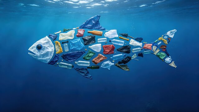 Fish-shaped figure made of plastic waste floating in blue ocean. Used for ocean pollution awareness, environmental conservation themes, anti-plastic campaigns, eco-activism visuals.