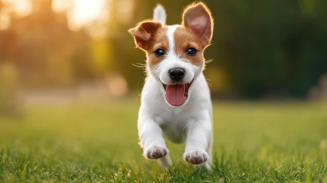 Happy Jack Russell Terrier Puppy Running Freely in a Lush Green Field Under a Warm Sunlight with a Joyful Expression