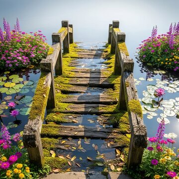 An old timber bridge rests partially underwater in a serene garden pond surrounded by vibrant blossoms, floating leaves, and calm ripples, nature, foliage, wet