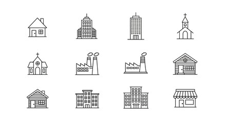 Fototapeta premium Set of Building Icons: House, Skyscraper, Church, Factory, Shop, Office