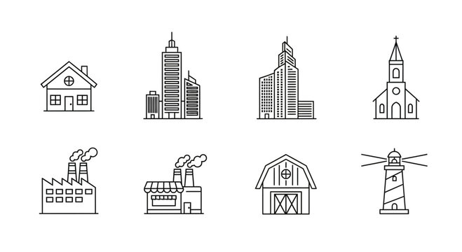 Set of Diverse Building Icons: House, Skyscrapers, Church, Factory, Barn, Lighthouse