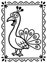 Fototapeta premium Whimsical Black and White Cartoon Peacock Illustration: Ornate Bird Silhouette Art with Playful, Creative Design for Child-Friendly Coloring Pages