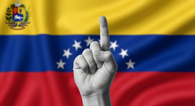 A hand with an index finger raised against the waving flag of Venezuela, symbolizing unity or a political statement.
