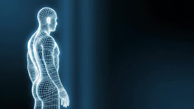 A futuristic digital wireframe model of the human body rotates, representing advanced medical technology and scientific innovation.