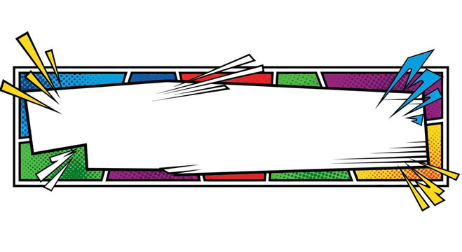 Comic Book Style Speech Bubble Banner with Colorful Geometric Background and Action Lines