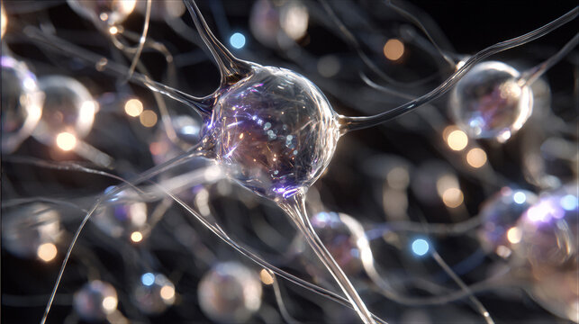 Futuristic AI neural network concept with translucent glass neurons and glowing data fibers. Dark cyberpunk background with blue purple halos. 3D render for website hero or ad banners. For AI tech.