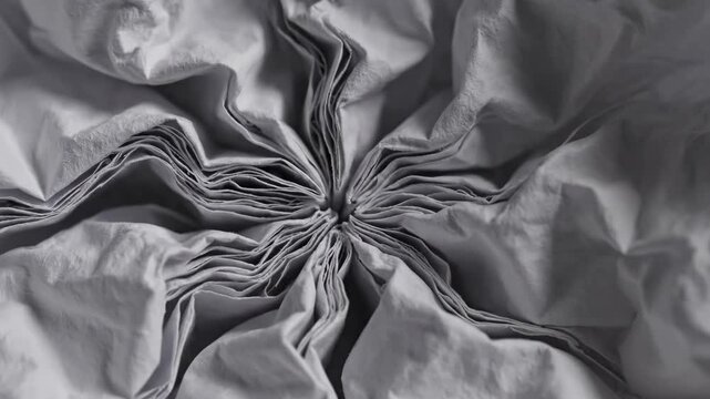 A macro shot of white crumpled paper gradually expanding, highlighting its detailed texture and abstract forms.
