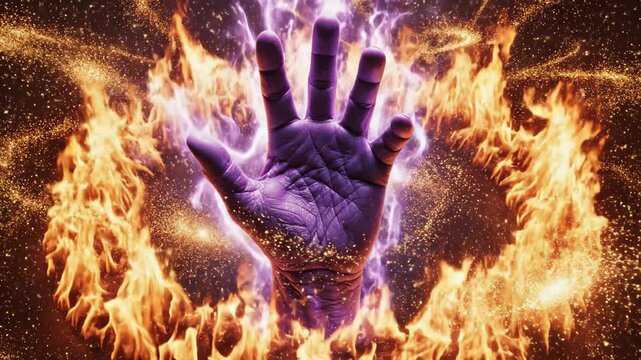 A powerful purple hand rises from a ring of fire, surrounded by dynamic magical energy and sparks.