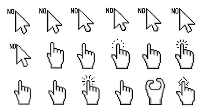 Pixel Cursor Icons Collection: Arrow, Hand Pointer, Forbidden Sign, Click Icons
