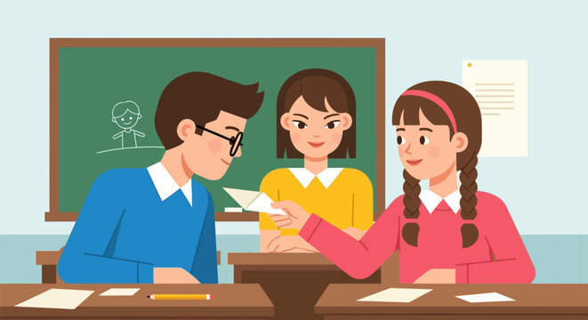Students in a classroom passing a note to each other.